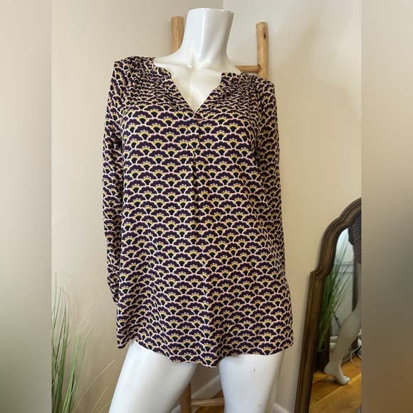 Boden Dolly Split V Neck Printed Floral Long Sleeve Blouse size 4 Purple Green - Picture 1 of 7